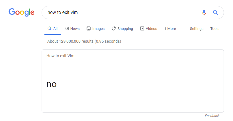 Google search on how to exit Vim, with a simple answer of No